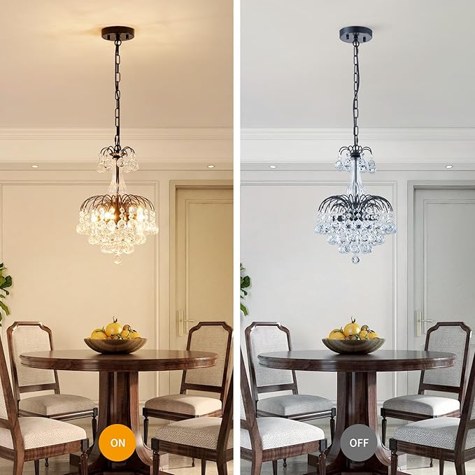 WUZUPS Crystal Chandelier Pendant Flushmount Ceiling Light Modern Lighting Fixture for Bedroom Hallway Bar Kitchen Bathroom, H 14.4" x W 11.8", Black, E12 Base