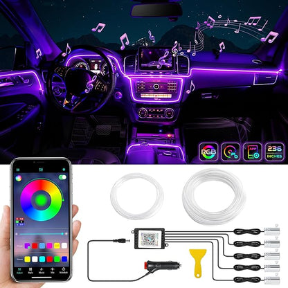 Car LED Interior Strip Light- Wireless Bluetooth APP Control, Multicolor RGB 5 in 1 with 236 inches Fiber Optic Ambient Lighting Kits, 16 Million Colors Sound Active Neon Led Lights Strip for Car