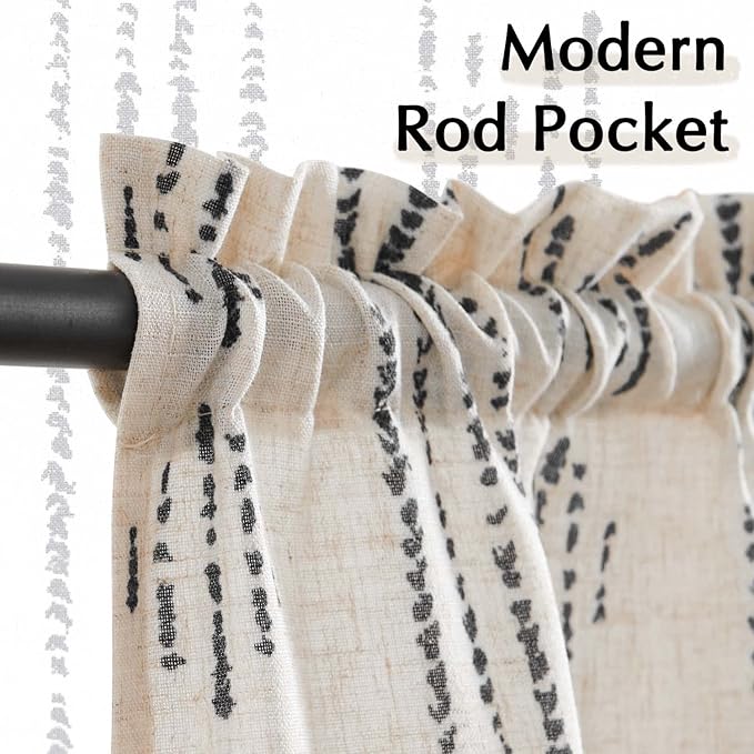 jinchan Boho Kitchen Curtains Linen Tier Curtains 45 Inches Bohemian Cafe Small Drapes Striped Mudcloth Farmhouse for Bathroom RV Camper Light Filtering Rod Pocket 2 Panels Black on Beige