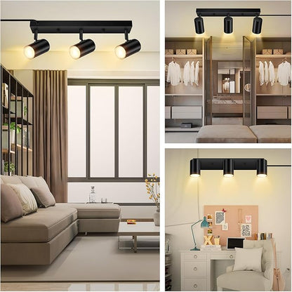 AUQUEE 3 Light Track Lighting Kit,Black 3 Way Modern Plug in Ceiling Spotlight,Industrial LED Wall Light for Kitchen Cabinet Gallery Bar Hallway Living Room,Rocker Switch,15 Foot Cord(No Bulb)
