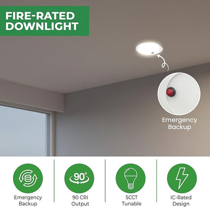 E2 LIGHTING 6 Inch Down Light with Battery Backup(2Hrs Fire-Rated), 5 CCT Tunable 2700K-5000K, Indoor Commercial and Residential Recessed Light,120-277V