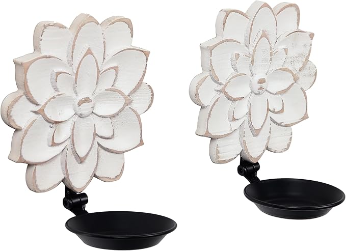 Farmhouse Candle Sconces Set of Two, Handcarved Wall Candle Holders Decorative, Flower Pattern, Distressed Finish Rustic Candle Holder Wall Decor for Living Room, Hallway