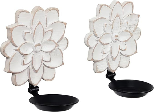 Farmhouse Candle Sconces Set of Two, Handcarved Wall Candle Holders Decorative, Flower Pattern, Distressed Finish Rustic Candle Holder Wall Decor for Living Room, Hallway