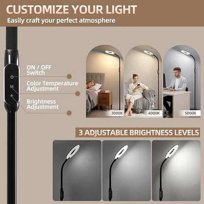 GyroVu LED Floor Lamp, 70'' Bright Reading Floor Lamps for Living Room, Dimmable & Adjustable Color Temperature, Touch Control Standing Tall Lamp, Gooseneck Floor Light for Bedroom Office, Black