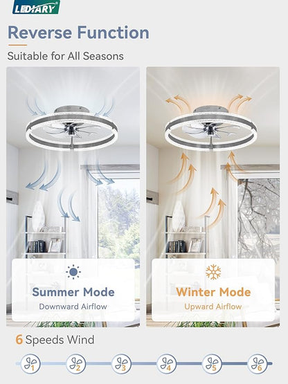 LEDIARY Ceiling Fans with Lights and Remote, 20'' Low Profile Ceiling Fan with Light, 3000-6000K Dimmable Fandelier Ceiling Fans, Modern Flush Mount Fan Light for Bedroom with 6 Wind Speeds-Sandy Gray