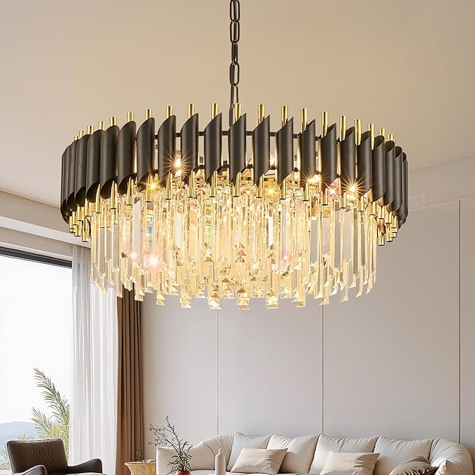 24" Modern Black and Gold Crystal Chandelier for Dining Room,5-Tier 8 Lights K9 Crystal Round Ceiling Light Fixture,Large Pendant Lighting Chandeliers for Living Room Entryway Foyer