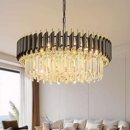 24" Modern Black and Gold Crystal Chandelier for Dining Room,5-Tier 8 Lights K9 Crystal Round Ceiling Light Fixture,Large Pendant Lighting Chandeliers for Living Room Entryway Foyer