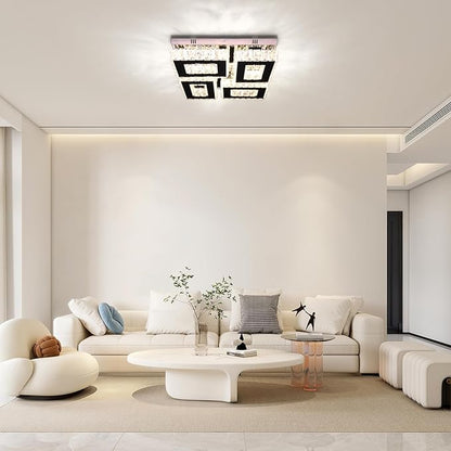 13.1'' Square Modern Chandelier Light with Remote Crystal Ceiling Light Stainless Steel LED Flush Mount Ceiling Light Fixtures for Bedroom Living Room Kitchen Dimmable