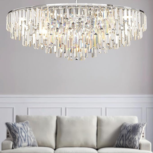 Modern Chrome Crystal Chandelier, 17 Lights 7-Tier Round Luxury Top K9 Crystal Chandeliers Large Ceiling Pendant Light Fixture for Dining Room Living Room Bedroom Foyer