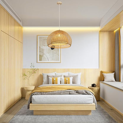 Arturesthome 1 Light Bamboo Dome Pendant Lighting, Coastal Handwoven Ceiling Lampshade Chandelier, Hanging Lamp Light Fixture for Kitchen Living Room