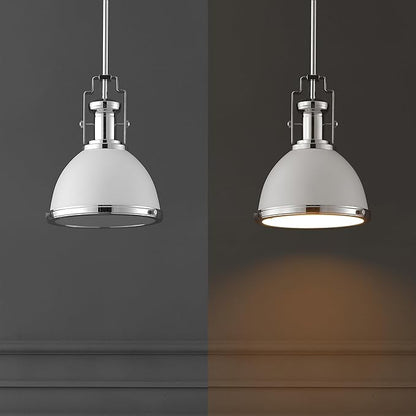 JONATHAN Y 10" Chrome/White Modern Industrial Iron LED Dome Pendant Light, Adjustable Hanging Fixture for Kitchen Island or Entryway, White Metal Shade, LED Bulb Included (JYL9535C)
