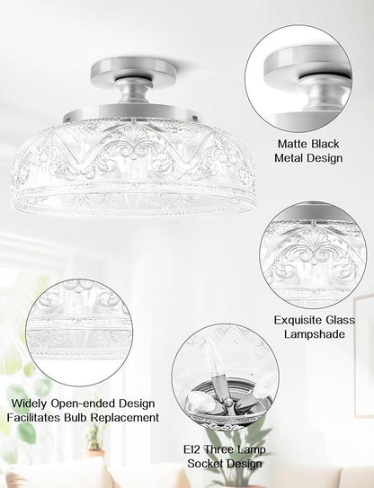 Semi Flush Mount Ceiling Light, 12 Inch Large Silver Ceiling Light Fixture, 3-Light Globe Glass Farmhouse Kitchen Lighting Fixtures for Bathroom, Hallway, Dining Room (Bulb Not Included)