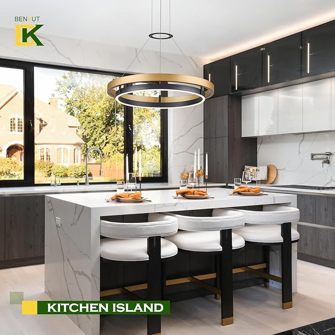 Benkut Modern LED Chandelier Black Gold Dimmable Circular LED Pendant Light with Remote Ring Chandelier Dining Room Light Fixtures for Kitchen Island Living Room Entryway, D23.6in