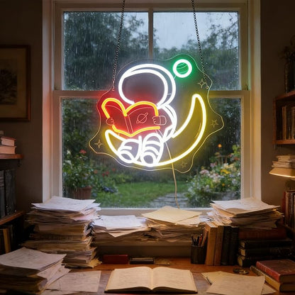 Nordstylee Astronaut Reading on Moon Neon Sign for Kids Room Study – Bookish LED Wall Art, Dimmable USB Space-Themed Decor, Unique Wall Hanging