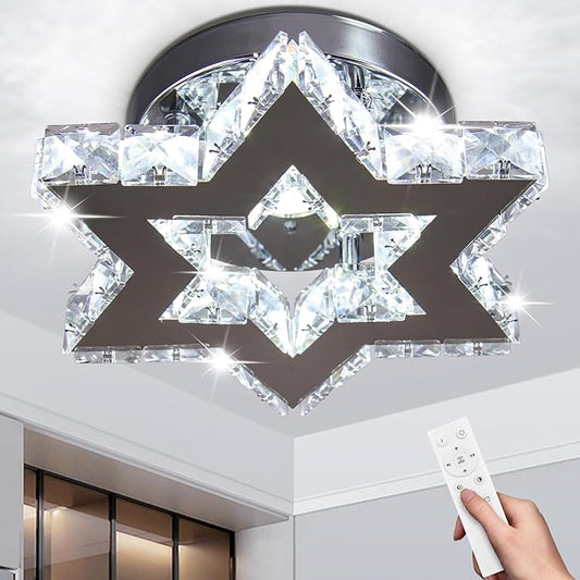 Mini LED Crystal Chandelier - Modern Dimmable Flush Mount Ceiling Light Fixture with Remote - Small Star Chandelier for Hallway, Foyer, Kitchen, Stair, Closet - 3 Colors Adjustable