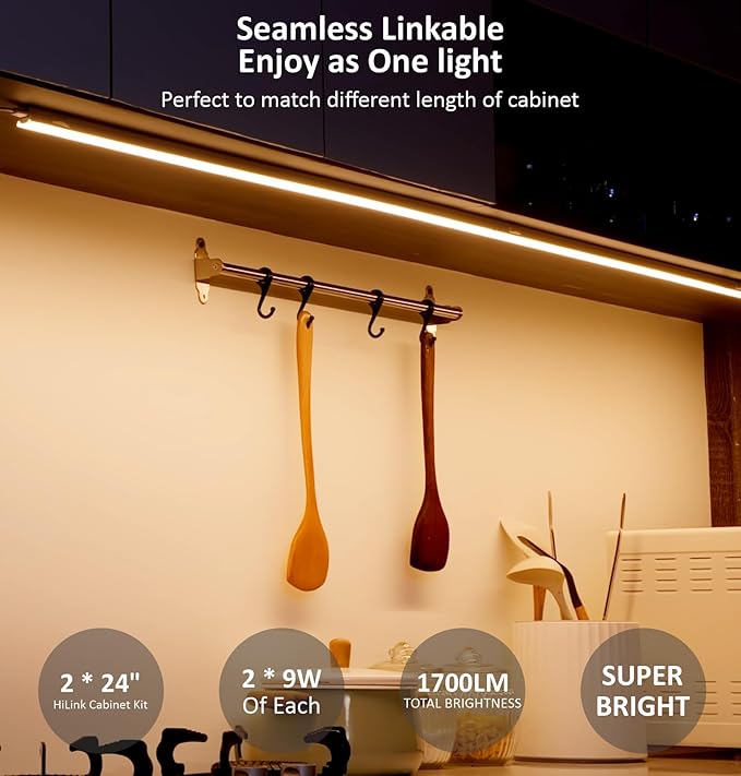 Leetdud Under Cabinet Lighting Plug in, 24 Inch 2 Pcs, Linkable AC120V 3CCT 3000K/4000K/5000K Ultra Slim, LED Under Cabinet Lights for Counter Light, Kitchen, Shelf, Sink, Workshop, Desk, Bronze