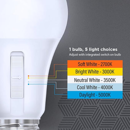 Feit Electric A19 LED Light Bulb, 60W Equiv, Non-Dimmable, Selectable Color Temperatures (2700K-5000K), 800 Lumens, General Purpose Light Bulbs, 17,000-Hour Lifetime, OM60/5CCT/15KLED/10, 10 Pack