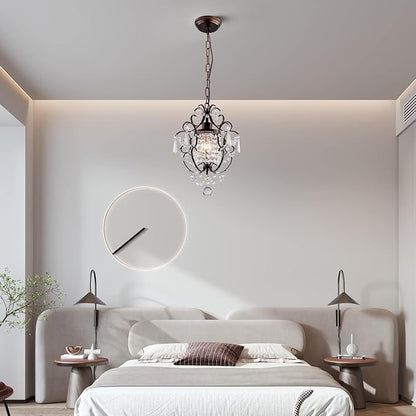 Modern Mini Crystal Chandelier,Iron Bronze Crystal Light Fixtures Ceiling Mount 1 Light Small Chandeliers for Bedroom Elegant Hanging Lighting for Girls Room Dining Room Closet Kitchen Island