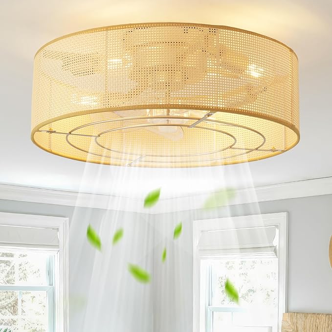 Ceiling Fans with Lights Flush Mount, 20" Rattan Boho Ceiling Fan with Light, Low rofile with 6 Speeds, Remote Control for Bedroom, Nursery, Living Room