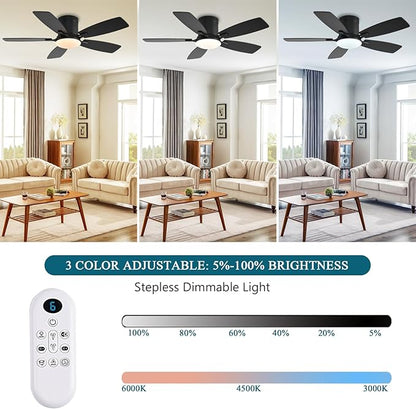 Ayaoty Ceiling Fans with Lights, 42 inch Low Profile Ceiling Fan with Light and Remote Control, Flush Mount, Reversible Motor, Dimmable, Noiseless, Black Ceiling Fan for Bedroom, Indoor/Outdoor Use