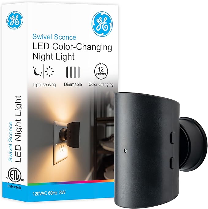GE Directional Plug in Wall Sconce Night Light, Adjustable Swivel Accent Lighting with Dusk to Dawn Sensor, Dimmable Warm White & Optional Color Changing LEDs for Hallways & Bedrooms, 1-Pack, 82573