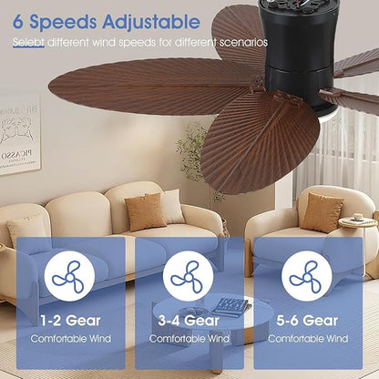 Surtime Palm Leaf Ceiling Fans with Lights-42 Tropical Ceiling Fan with Light and Remote/APP Control,Flush Mount Low Profile Ceiling Fans for Bedroom,Indoor/Outdoor Patio Use(Brown)