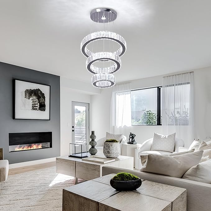 CLAIRDAI Crystal Chandeliers 3 Rings Ceiling Light Fixture LED Chandelier for High Ceiling Hanging Chandeliers for Bedroom Dining Room Living Room (6500K Cool White)