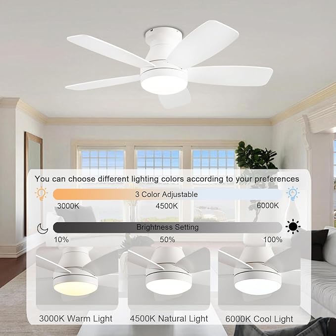 JSAITEE Ceiling Fans with Lights, 42 Inch Low Profile Ceiling Fan with Light and Remote/App Control, Flush Mount, Reversible, 3CCT, Dimmable, Noiseless, White Ceiling Fan for Indoor/Outdoor Use