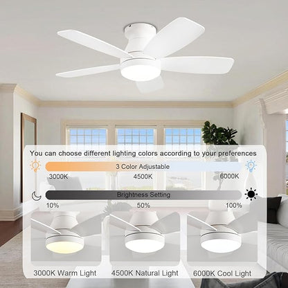 JSAITEE Ceiling Fans with Lights, 42 Inch Low Profile Ceiling Fan with Light and Remote/App Control, Flush Mount, Reversible, 3CCT, Dimmable, Noiseless, White Ceiling Fan for Indoor/Outdoor Use