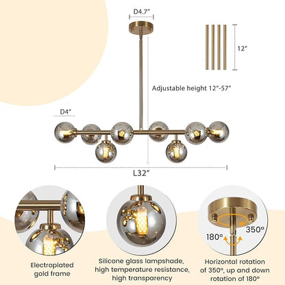 Sputnik Chandelier Gold Pendant Linear Light Modern Mid Century Light Fixture Grey Globe Shade for Dining Living Room Kitchen Island 8-Light