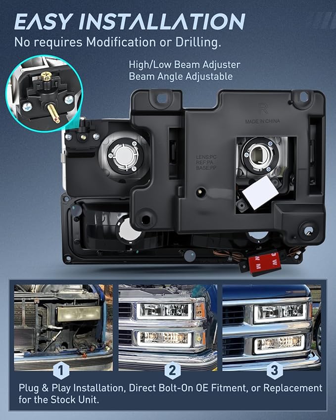 Nilight DRL Headlight Assembly Compatible with 1988 1989 1990 1991 1992 1993 1994 1995 1996 1997 1998 Chevrolet GMC C10 C/K 1988-1999 Silverado Suburban Sierra Blazer Tahoe Yukon Chrome Housing