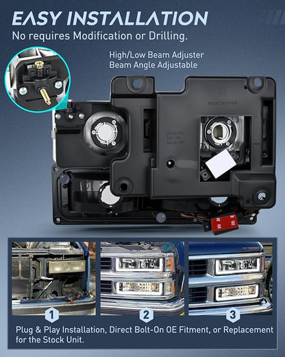 Nilight DRL Headlight Assembly Compatible with 1988 1989 1990 1991 1992 1993 1994 1995 1996 1997 1998 Chevrolet GMC C10 C/K 1988-1999 Silverado Suburban Sierra Blazer Tahoe Yukon Chrome Housing