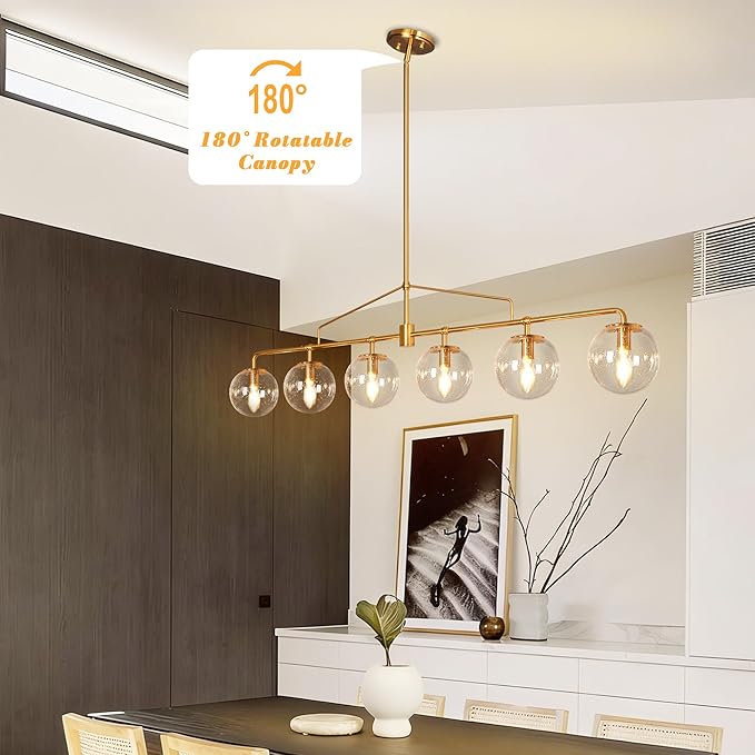 Gold Linear Chandelier 6 Lights Mid Century Modern Dining Room Chandelier Kitchen Island Pendant Light with Seeded Glass Shades for Island, Farmhouse, Dining Area, Dia 51.58 Inch