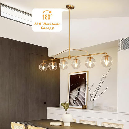 Gold Linear Chandelier 6 Lights Mid Century Modern Dining Room Chandelier Kitchen Island Pendant Light with Seeded Glass Shades for Island, Farmhouse, Dining Area, Dia 51.58 Inch