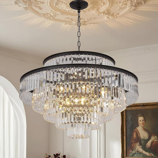 6-Tier Large Gold Crystal Chandeliers 31" Modern Luxury Chandeliers for Staircase K9 Crystal High Ceiling Chandelier 17-Light Round Hanging Pendant Light Fixture for Living Room Entryway Foyer