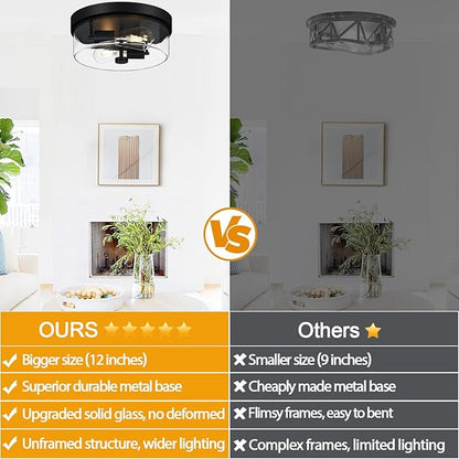 szzgco Flush Mount Ceiling Light Fixtures, 2-Light Black Ceiling Mount for Farmhouse with Clear Glass Lampshade, Industrial Flush Mount Light Fixture for Hallway, Kitchen, Entryway and Foyer
