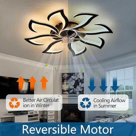 32" Black 8-Head Geometric Ceiling Fan with Lights Remote Control, Low Profile Ceiling Fan with Light for Kitchen Bedroom Living Room