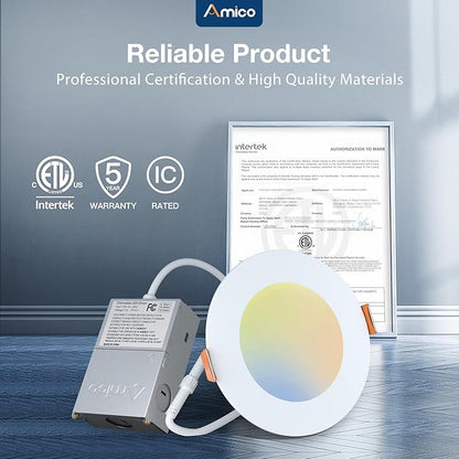 Amico 6 Pack 4 Inch 5CCT Ultra-Thin LED Recessed Ceiling Light with Junction Box, 2700K/3000K/3500K/4000K/5000K Selectable, 11W Eqv 70W 800LM Brightness Dimmable Canless Wafer Downlight, ETL & FCC