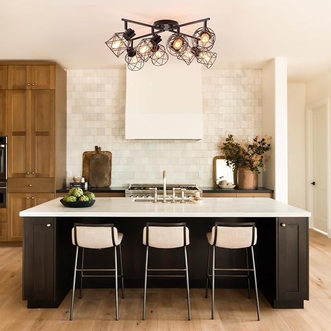 8 Lights Adjustable Multi-Directional Black Light Fixtures, Semi Flush Mount Ceiling Light, Kitchen Light Fixtures Track Lighting Fixtures with Metal Cage Industrial Spotlight Fixtures for Dining Room