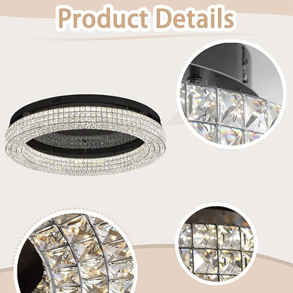 ykolupty 40'' Crystal Chandelier Light Fixture Large Chandelier for Living Room Crystal Flat Mounted Ceiling Lights Dining Room Bedroom Dimmable 2700-6000K (Black Chandeliers)