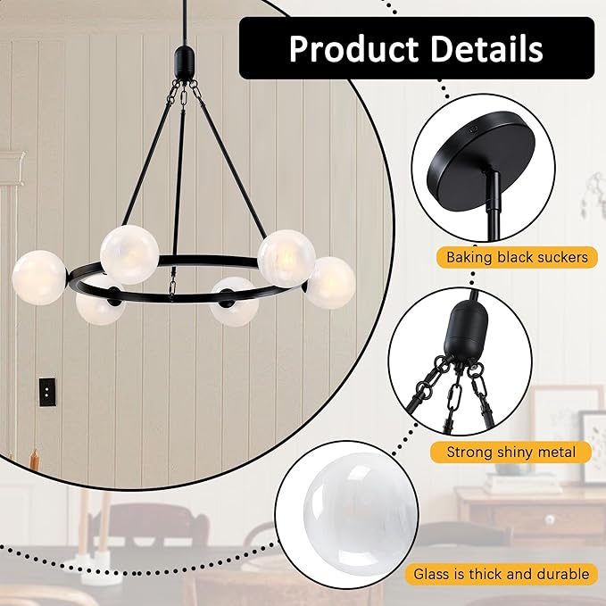 6-Light Globe Chandelier Mid Century Black Chandeliers,Modern Globe Round Pendant Light Fixture for Dining Room Over Table,Sputnik Pendant Light Fixture for Living Room Foyer Bedroom T720666CH-BK