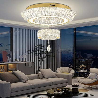 Led 24'' Gold Ring Crystal Chandelier,Modern Luxury 2-Tier Crystal Raindrop Chandeliers Lighting for Dining Living Room LED Dimmable 3000-6000K