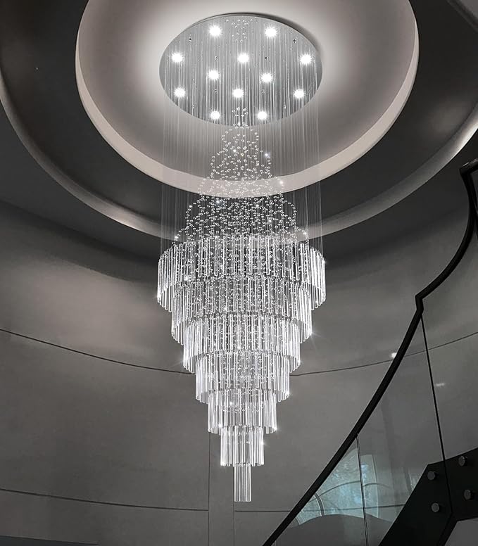 HAIXIANG W32 x H120 Glam Chandelier with LED Bulbs Crystal Raindrop High Ceiling Pendant Light for Entrance Large Villa Chandelier Foyer Lighting Fixtures Silver