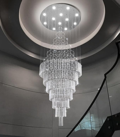 HAIXIANG W32 x H120 Glam Chandelier with LED Bulbs Crystal Raindrop High Ceiling Pendant Light for Entrance Large Villa Chandelier Foyer Lighting Fixtures Silver