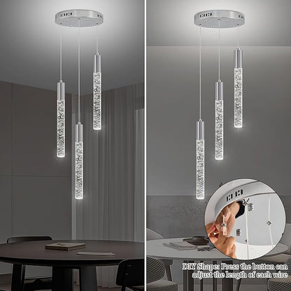 Modern Crystal Chandelier 3-Lights, Spiral LED Raindrop Kitchen Island Pendant Lighting, Bubble Foyer Dinimg Room Hanging Light Fixture Remote Control Chrome