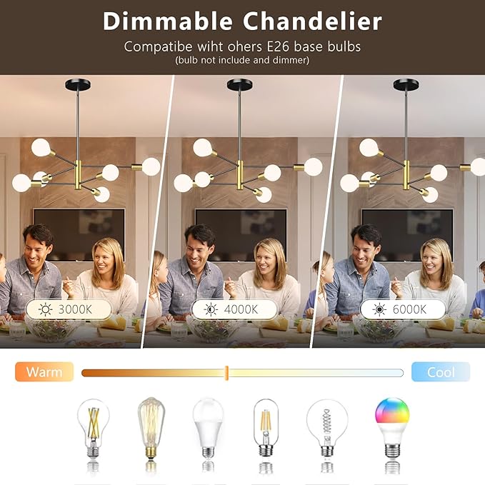 6-Light Black and Gold Mid Century Ceiling Chandelier Height Adjustable for Living Room, Kitchen, Dining Room, Bedroom,Foyer (Bulbs Not Included)