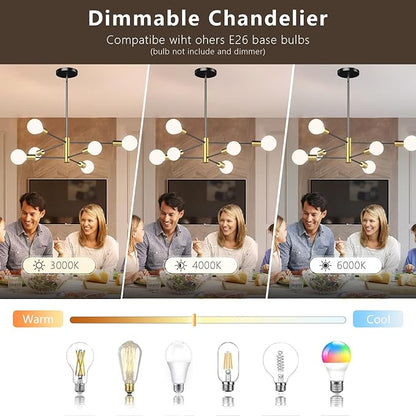 6-Light Black and Gold Mid Century Ceiling Chandelier Height Adjustable for Living Room, Kitchen, Dining Room, Bedroom,Foyer (Bulbs Not Included)