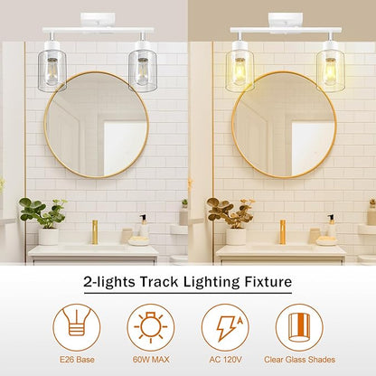 BoostArea White LED 2 Light Track Lighting Kit, 2 Way Ceiling Spot Lighting with Glass Lampshade, Flexibly Rotatable Light Head for Kitchen, Living Room, Bedroom, Bulb Not Included