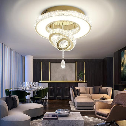 Flashing God Dia 20" Crystal Chandeliers Gold Modern Living Room Chandelier LED Crystal Ceiling Light Flush Mount Chandelier for Bedroom Dining Room Entryway