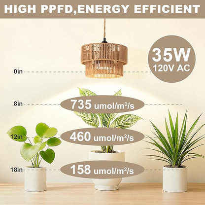 Hanging Grow Light for Indoor Plants, 30W Full Spectrum 4000K Plug-in Pendant Grow Lamp with Timer, 15FT Cord, Adjustable Hanging Kit for Tall Plants, Seedlings, Succulents